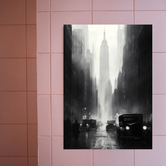 Peinture représentant l’ancien New York avec l’Empire State Building, tableau urbain au style rétro et architectural