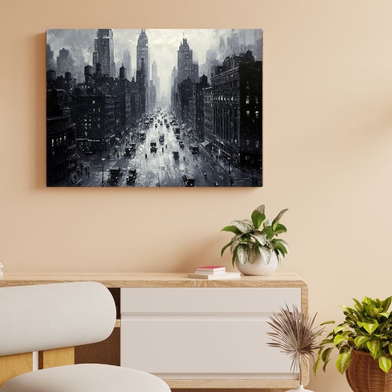 Peinture rétro de la ville de New York en style monochrome, tableau urbain élégant pour décoration murale vintage