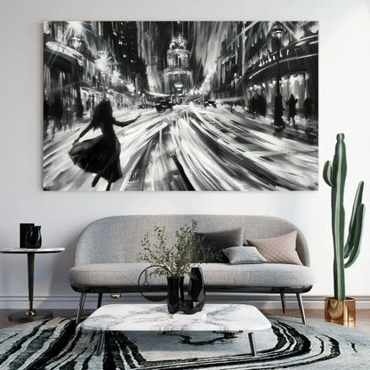 Peinture monochrome d’une scène de danse dans une rue parisienne, tableau élégant et romantique pour décoration murale
