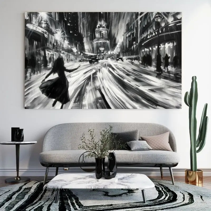 Peinture monochrome d’une scène de danse dans une rue parisienne, tableau élégant et romantique pour décoration murale
