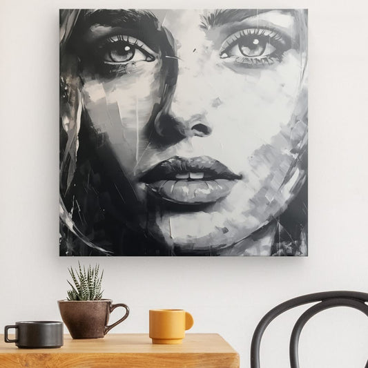 Visage de femme peint en noir et blanc avec une touche moderne, alliant force émotionnelle, esthétique contemporaine et élégance graphique.