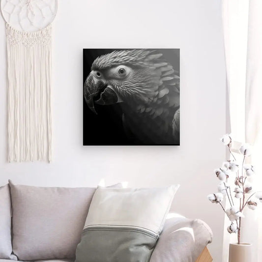 Tableau en noir et blanc représentant un perroquet ara en portrait, une décoration murale raffinée et artistique inspirée de la beauté des oiseaux.