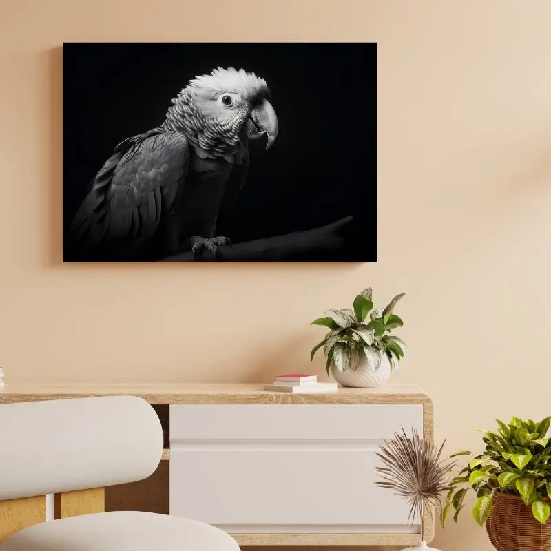 Tableau noir et blanc du portrait d’un perroquet, oiseau sauvage au regard intense et majestueux