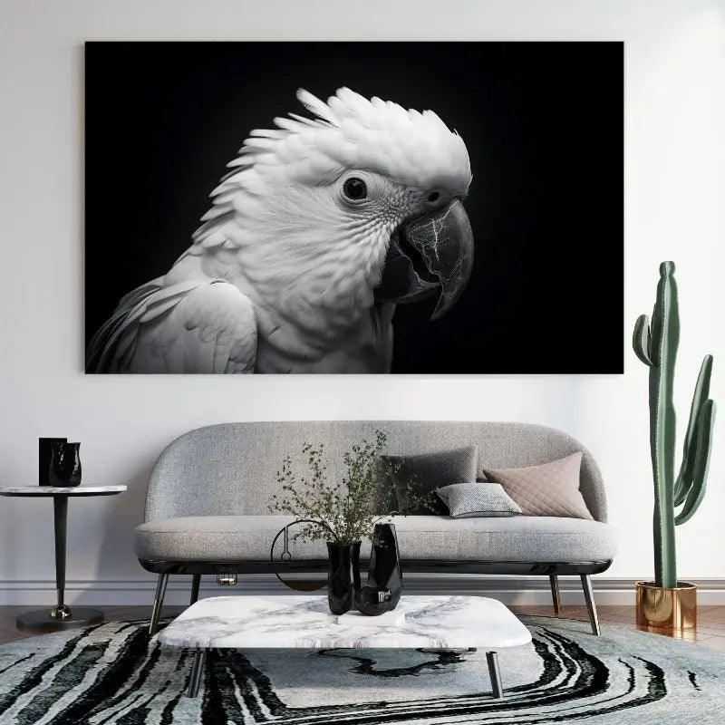 Tableau noir et blanc en gros plan d’un perroquet perruche, détail élégant et naturel