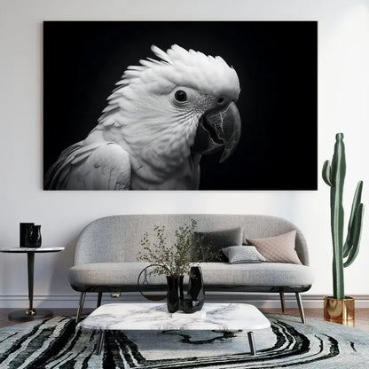 Tableau noir et blanc en gros plan d’un perroquet perruche, détail élégant et naturel