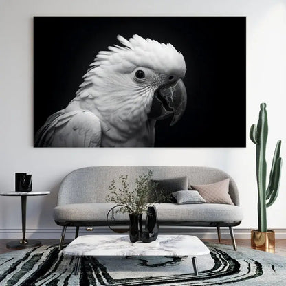 Tableau noir et blanc en gros plan d’un perroquet perruche, détail élégant et naturel