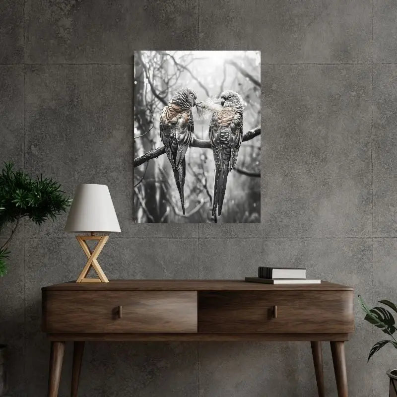 Tableau monochrome rosé de perruches inséparables posées sur une branche, scène tendre et poétique pour décoration murale
