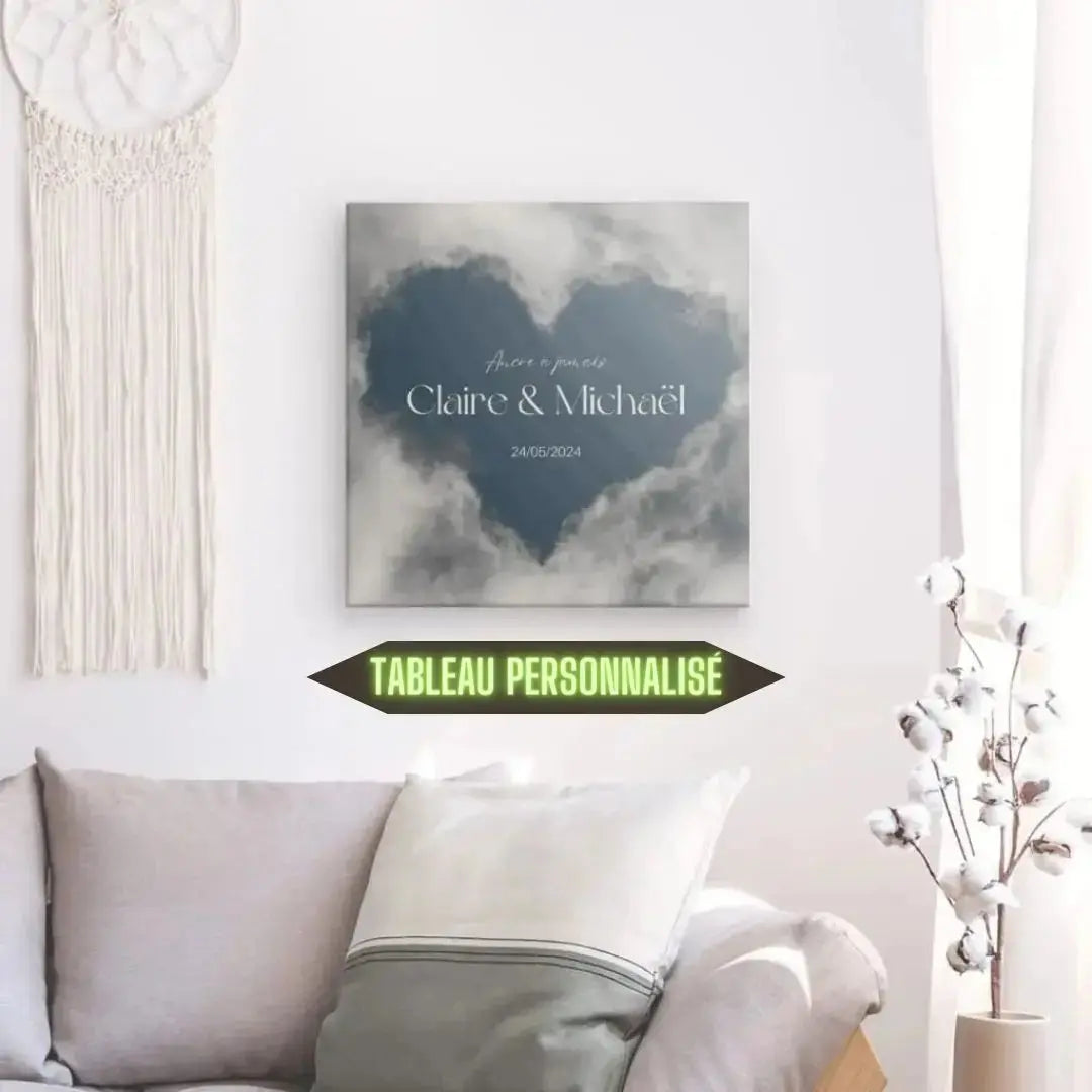 Tableau personnalisé pour amoureux avec cœur et nuages, œuvre romantique et poétique pour décoration murale