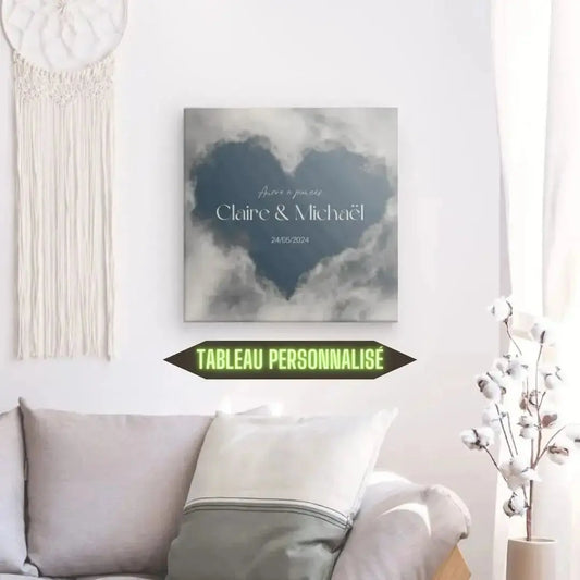 Tableau personnalisé pour amoureux avec cœur et nuages, œuvre romantique et poétique pour décoration murale