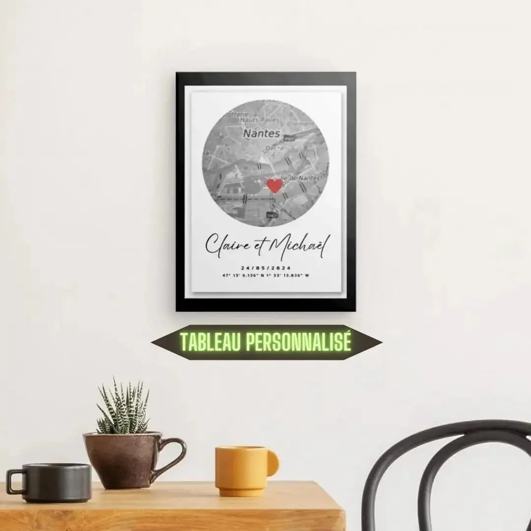 Tableau personnalisé pour couple avec carte, prénoms et date, œuvre unique et romantique pour décoration murale