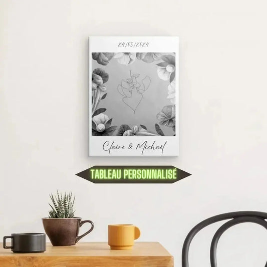 Tableau personnalisé monochrome pour couple avec noms et date, œuvre élégante et unique pour décoration murale romantique