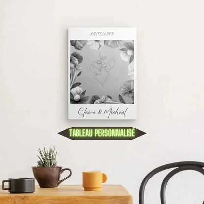 Tableau personnalisé monochrome pour couple avec noms et date, œuvre élégante et unique pour décoration murale romantique