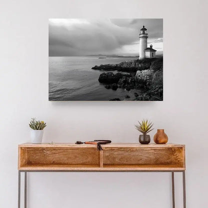 Tableau noir et blanc d’un phare breton, ambiance marine et authentique