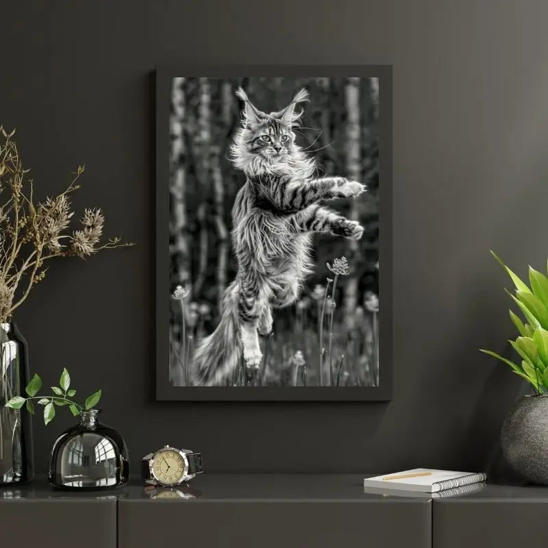 Photo en noir et blanc d’un chat géant Maine Coon en plein saut, tableau dynamique et élégant pour décoration murale
