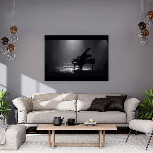 Tableau en noir et blanc d’un piano abandonné, scène nostalgique au style vintage pour décoration murale originale
