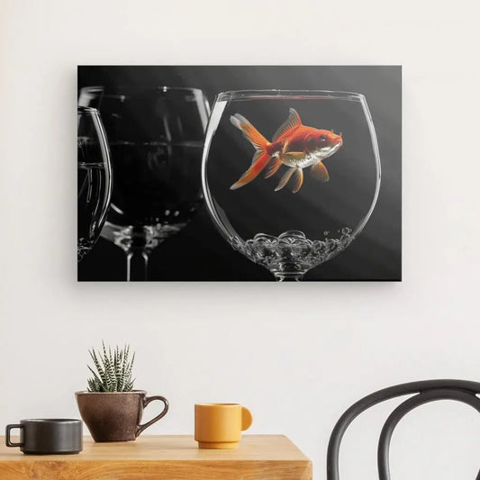 Tableau en noir et blanc d’un poisson rouge dans un verre, scène originale et élégante pour décoration murale