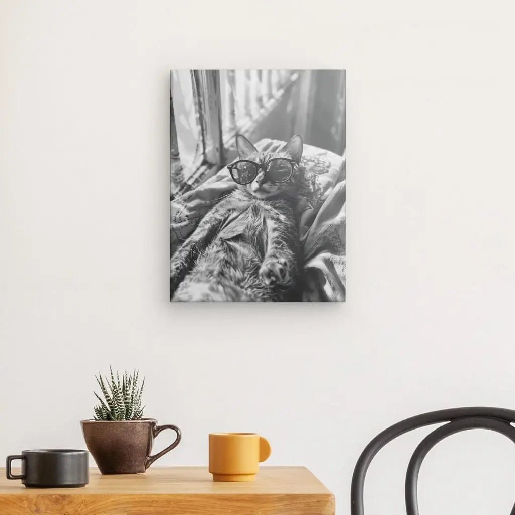 Portrait en noir et blanc d’un chat drôle avec des lunettes, tableau humoristique et original pour décoration murale moderne
