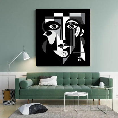 Portrait en style cubiste noir et blanc, fusionnant formes abstraites et visages déstructurés dans une œuvre artistique moderne et expressive.