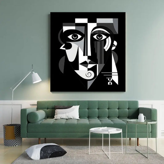 Portrait en style cubiste noir et blanc, fusionnant formes abstraites et visages déstructurés dans une œuvre artistique moderne et expressive.