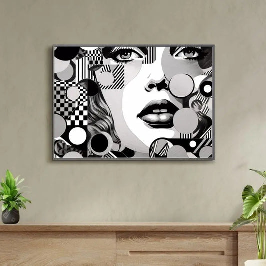 Portrait dessiné en noir et blanc dans un style pop art des années 1980, mêlant graphisme rétro, audace visuelle et esthétique nostalgique.