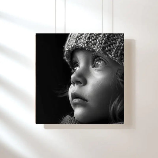 Portrait noir et blanc d’un enfant portant un bonnet, tableau touchant et expressif