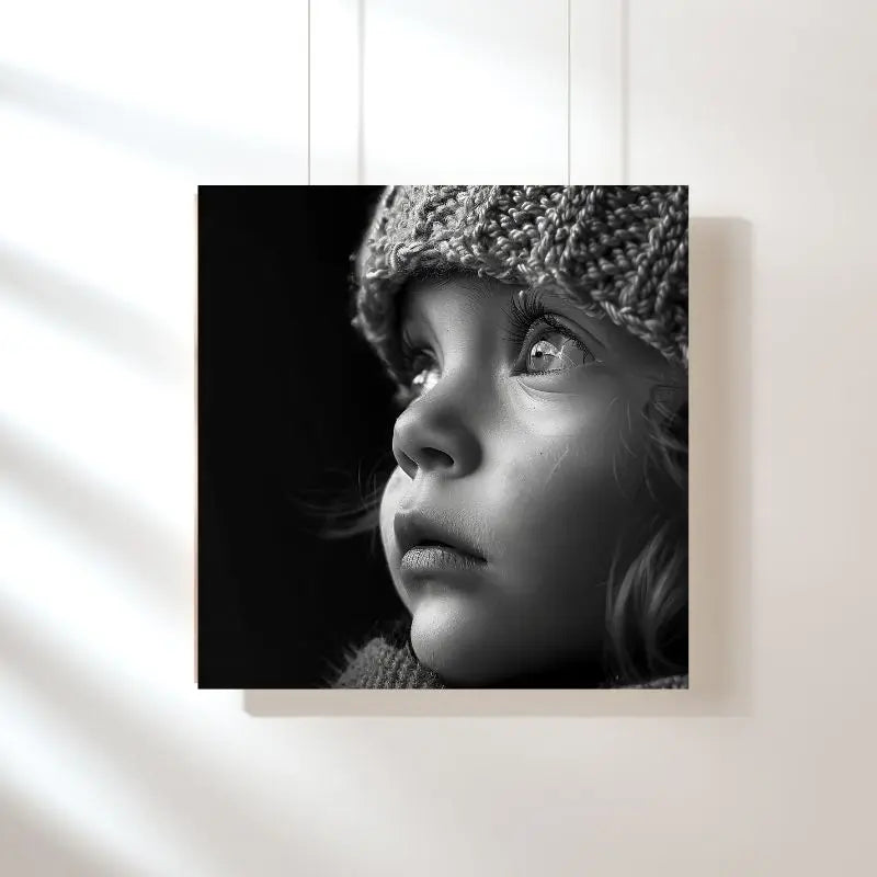 Portrait noir et blanc d’un enfant portant un bonnet, tableau touchant et expressif