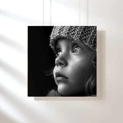 Portrait noir et blanc d’un enfant portant un bonnet, tableau touchant et expressif
