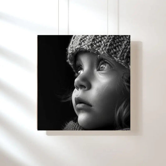 Portrait noir et blanc d’un enfant portant un bonnet, tableau touchant et expressif