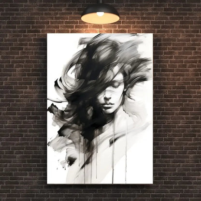 Tableau noir et blanc d’un portrait féminin réalisé à l’aquarelle, expression délicate et artistique