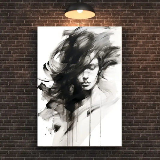 Tableau noir et blanc d’un portrait féminin réalisé à l’aquarelle, expression délicate et artistique