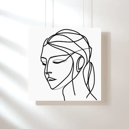 Portrait abstrait en noir et blanc d’une femme, composé de traits épurés et dynamiques, alliant modernité, mystère et esthétique minimaliste.