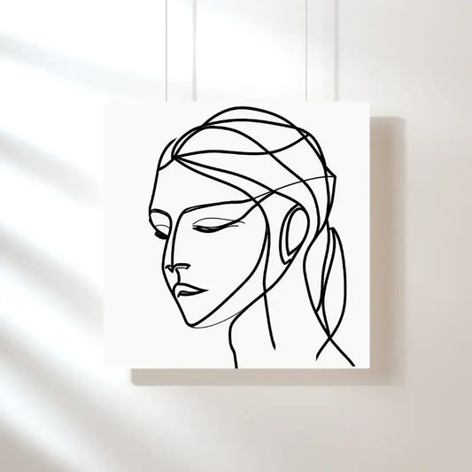 Portrait abstrait en noir et blanc d’une femme, composé de traits épurés et dynamiques, alliant modernité, mystère et esthétique minimaliste.