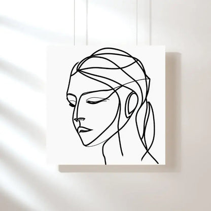 Portrait abstrait en noir et blanc d’une femme, composé de traits épurés et dynamiques, alliant modernité, mystère et esthétique minimaliste.