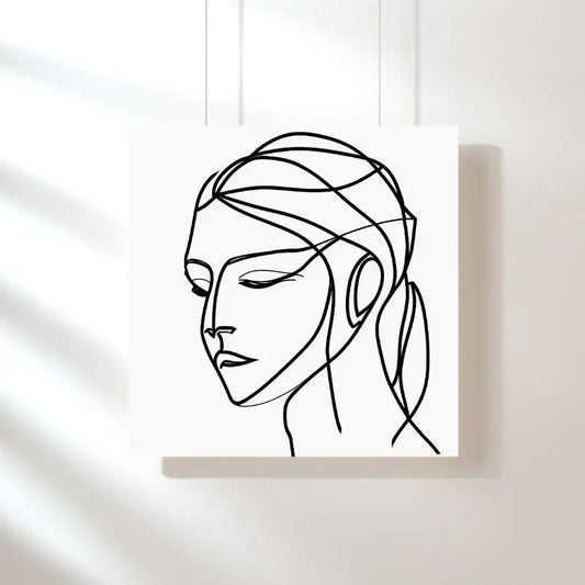 Portrait abstrait en noir et blanc d’une femme, composé de traits épurés et dynamiques, alliant modernité, mystère et esthétique minimaliste.