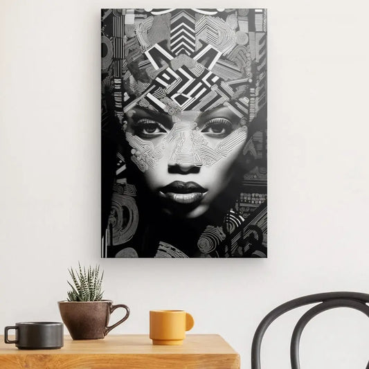 Portrait artistique en noir et blanc d’une femme africaine, célébrant la culture ethnique, la beauté naturelle et l’intensité du regard.
