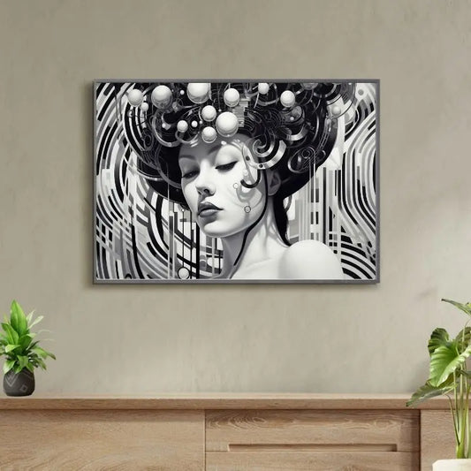 Portrait moderne en noir et blanc d’une femme japonaise façon geisha, alliant tradition et élégance contemporaine dans un style épuré.
