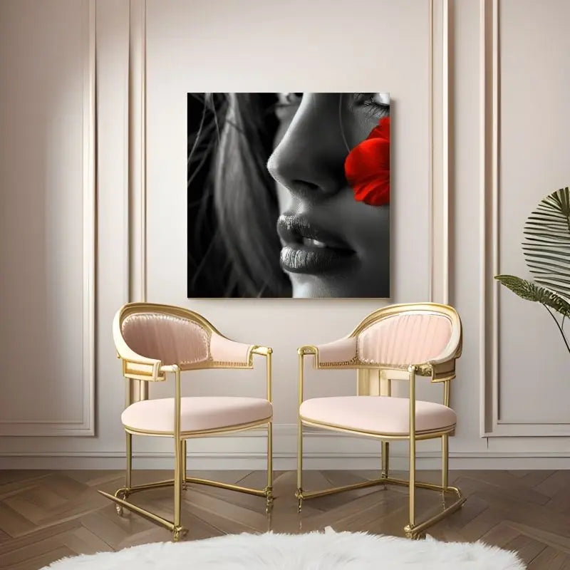 Tableau noir et blanc d’un portrait de femme avec une fleur rouge, image poétique au contraste élégant