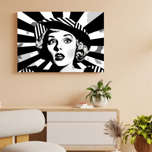Portrait d’une femme surprise en style pop art monochrome, combinant expression vive, lignes graphiques et esthétique rétro captivante.
