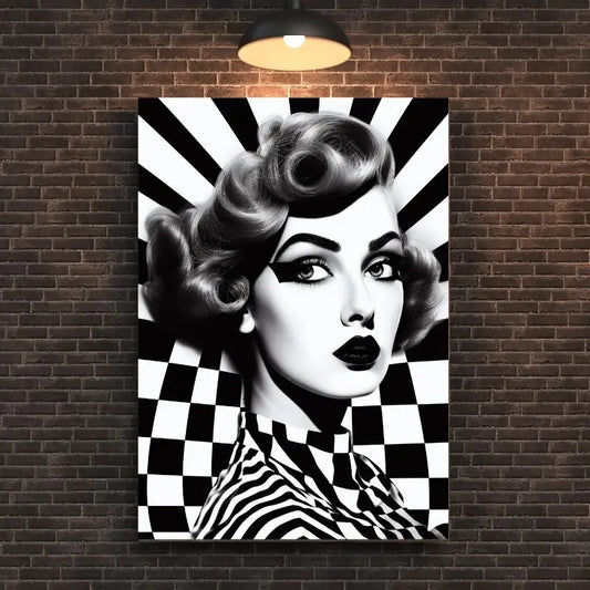 Portrait vintage d’une femme en noir et blanc avec fond damier, fusionnant le style pop art, l’élégance rétro et un design graphique percutant.
