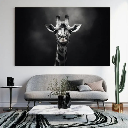 Tableau noir et blanc en gros plan d’une girafe au regard drôle, portrait animalier original et attachant