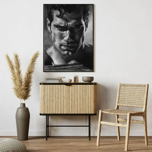 Portrait en gros plan de Superman en noir et blanc, tableau iconique et puissant pour décoration murale moderne