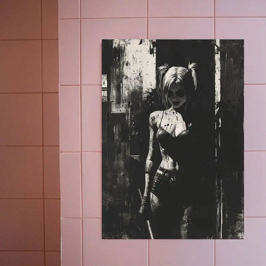 Portrait en noir et blanc de Harley Quinn, tableau graphique et expressif pour une décoration murale au style moderne et cinématographique
