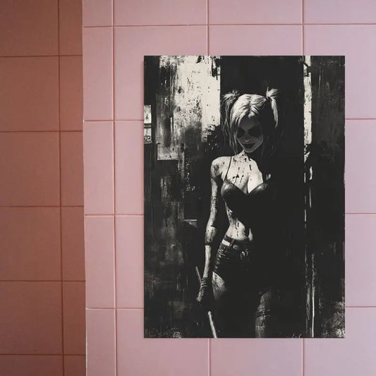 Portrait en noir et blanc de Harley Quinn, tableau graphique et expressif pour une décoration murale au style moderne et cinématographique
