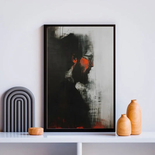 Tableau en noir, blanc et orange d’un portrait d’homme peint, œuvre expressive et moderne pour décoration murale