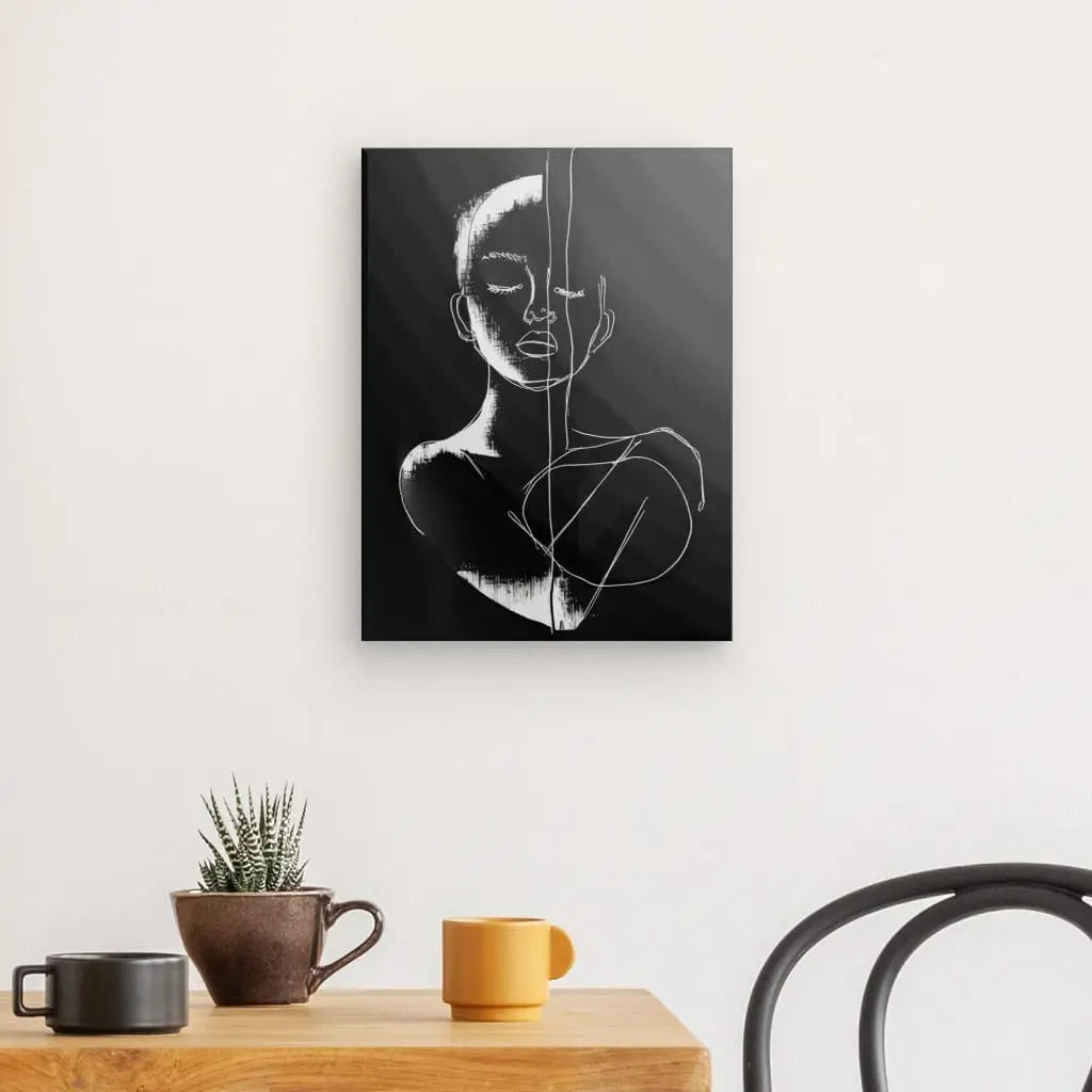 Portrait monochrome minimaliste et moderne sur fond noir, tableau élégant et épuré pour décoration murale contemporaine
