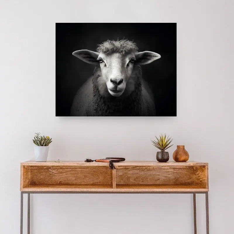 Offrez une touche rustique et paisible à votre intérieur avec ce portrait de brebis en prairie, en noir et blanc, plein de charme naturel.
