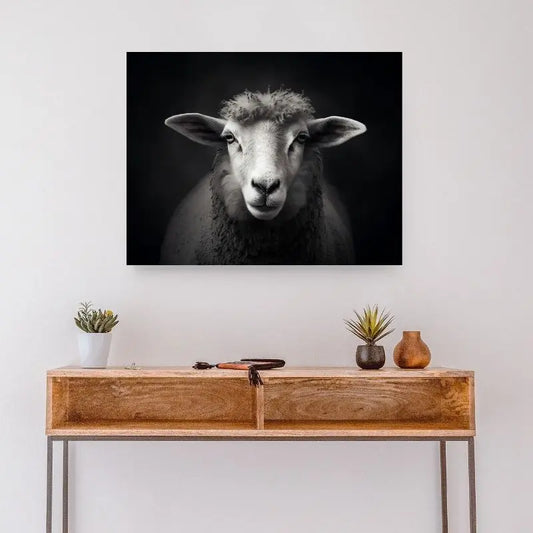 Offrez une touche rustique et paisible à votre intérieur avec ce portrait de brebis en prairie, en noir et blanc, plein de charme naturel.