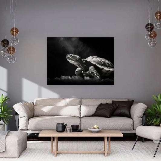 Portrait en noir et blanc d’une tortue, tableau élégant et apaisant pour décoration murale
