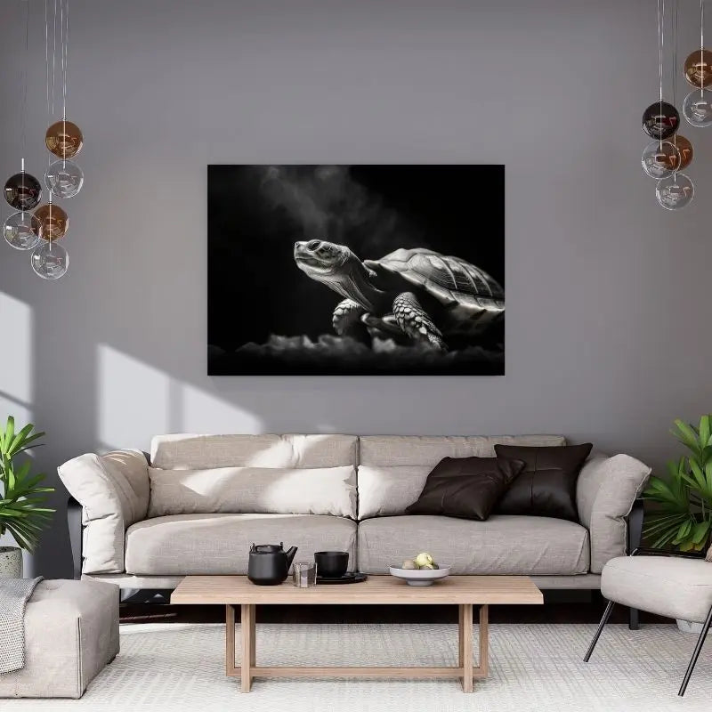 Portrait en noir et blanc d’une tortue, tableau élégant et apaisant pour décoration murale
