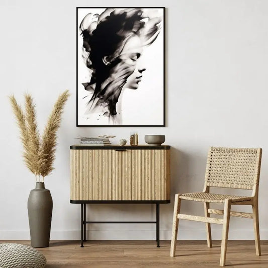 Tableau noir et blanc d’un portrait de profil avec effet de fumée, style moderne et artistique